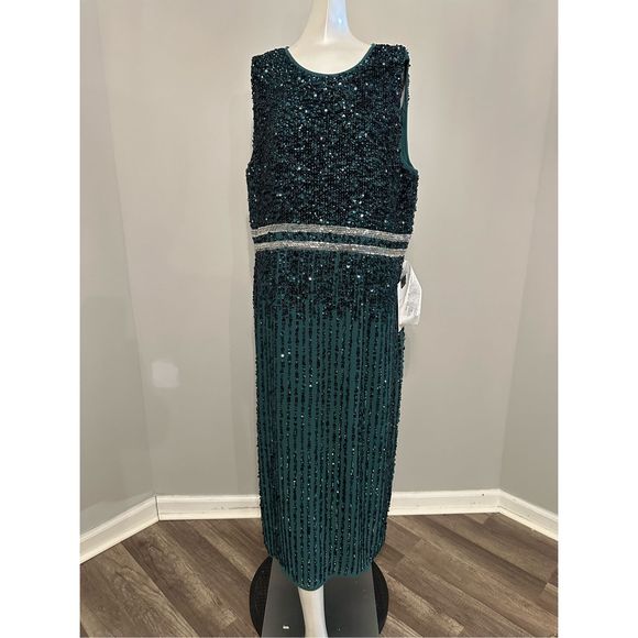 MAC DUGGAL SLEEVELESS HIGH NECK BEADED MIDI SHEATH DRESS - Picture 4 of 9